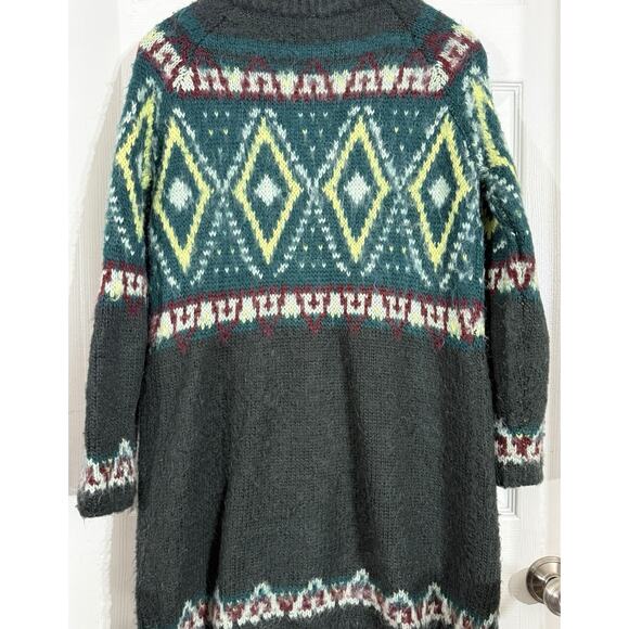 Free People Green Fair Isle Long Mohair Blend Snap Cardigan Cozy Boho Sweater S - Picture 4 of 4